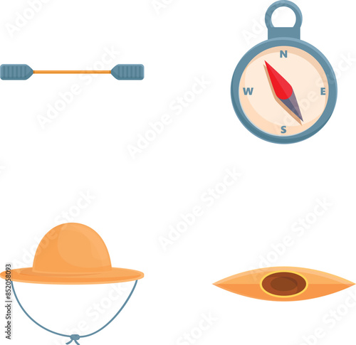 Kayaking equipment icons set cartoon vector. Various tool for kayaking. Active lifestyle