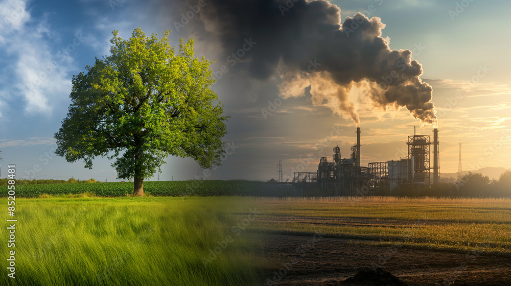 Compare a green tree and meadow with clear air to a factory emitting pollution and its effects on climate change Compare a green tree and meadow with clear air to a factory emitting pollution and its effects on climate change
