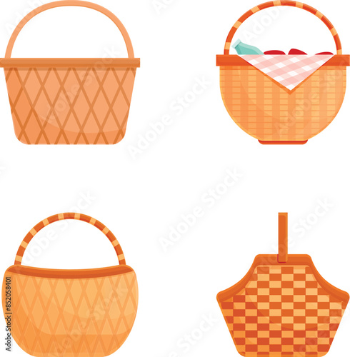 Wicker basket icons set cartoon vector. Picnic basket filled with food. Summer rest