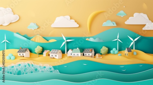 a tranquil depiction of a mountainous landscape bathed in the soft glow of sunrise, with wind turbines dotting the ridgelines and solar panels glistening on the valley floor photo
