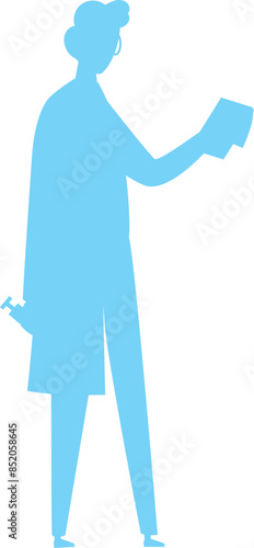 Blue silhouette detective reading clues modern minimalist design. Male investigator blue shadow holding paper searching evidence. Sleuth outline isolated white background analyzing mystery