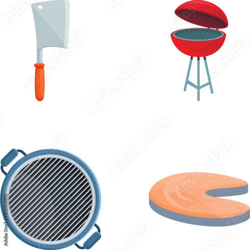 Barbeque icons set cartoon vector. Barbecue tool and grilled product. Picnic, grill party