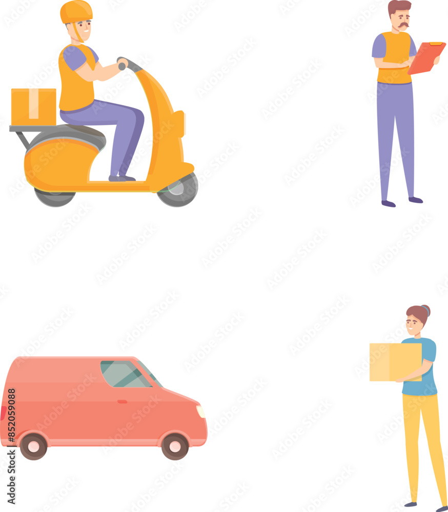 Courier delivery icons set cartoon vector. Male courier delivering parcel. Logistic concept Courier delivery icons set cartoon vector. Male courier delivering parcel. Logistic concept
