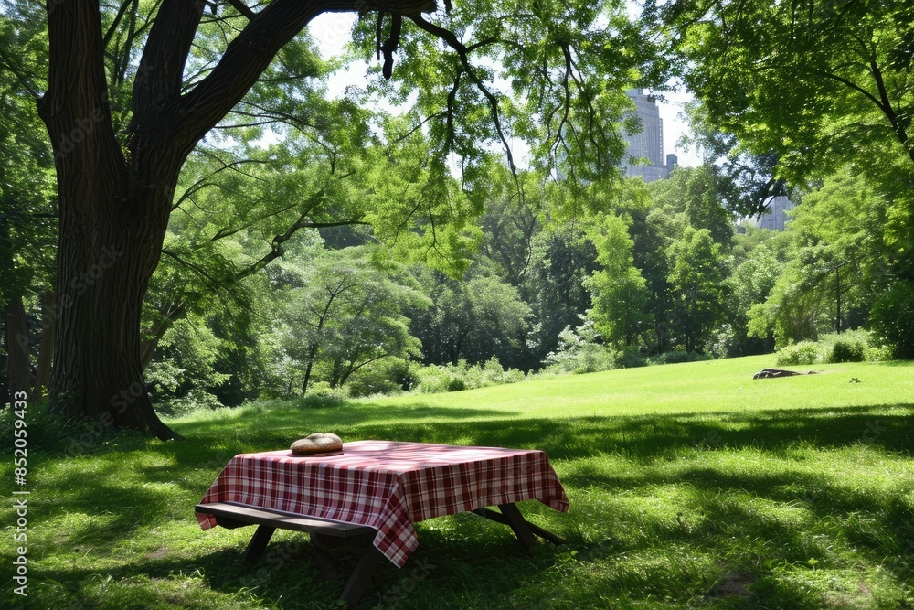 a picnic table in the middle of a field, Host a picnic in a scenic park