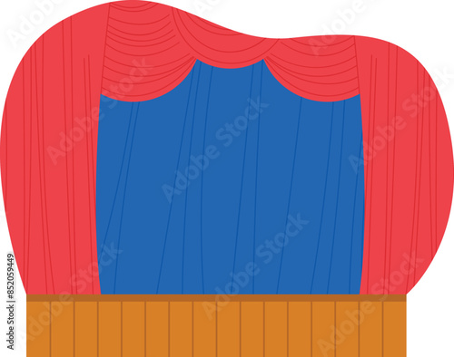 Empty theater stage closed red curtains wooden floor. Red blue stage curtains create setting performances, drama classes