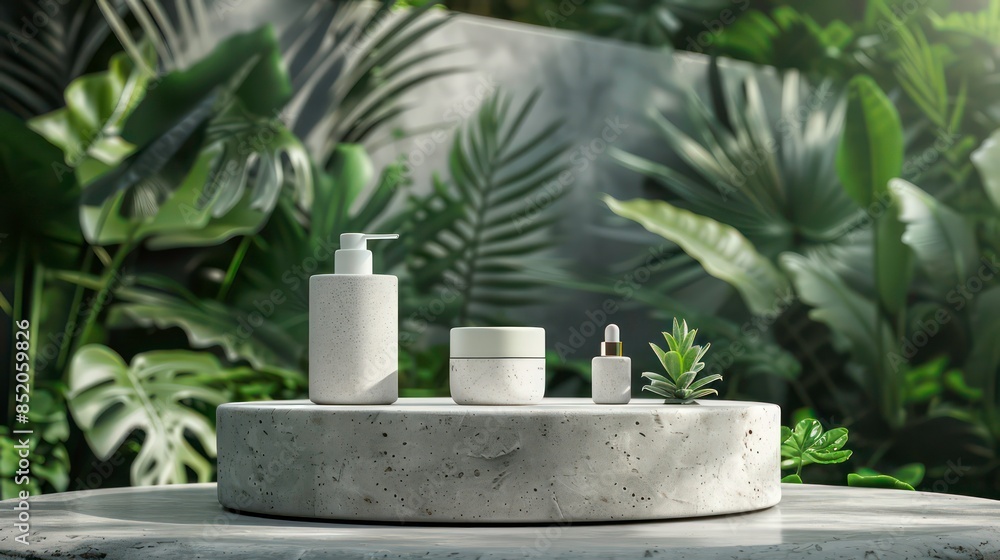 Stone product display podium for cosmetic products with green nature garden background. Generative AI Stone product display podium for cosmetic products with green nature garden background. Generative AI