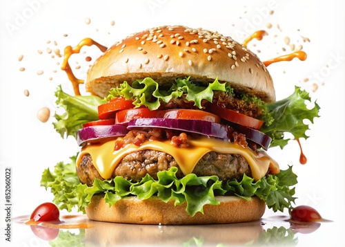 Delicious burger with many ingredients isolated on white background Tasty cheeseburger splash sauce