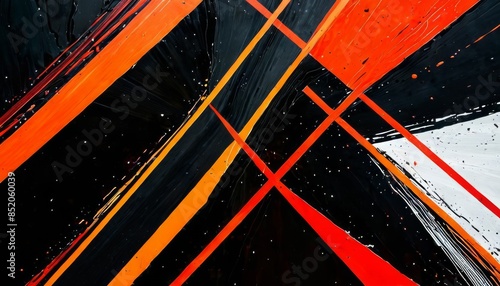 A striking abstract artwork featuring bold diagonal lines in red and black, with bright orange accents. The dynamic composition and vivid colors create a sense of movement and energy.. AI Generation
