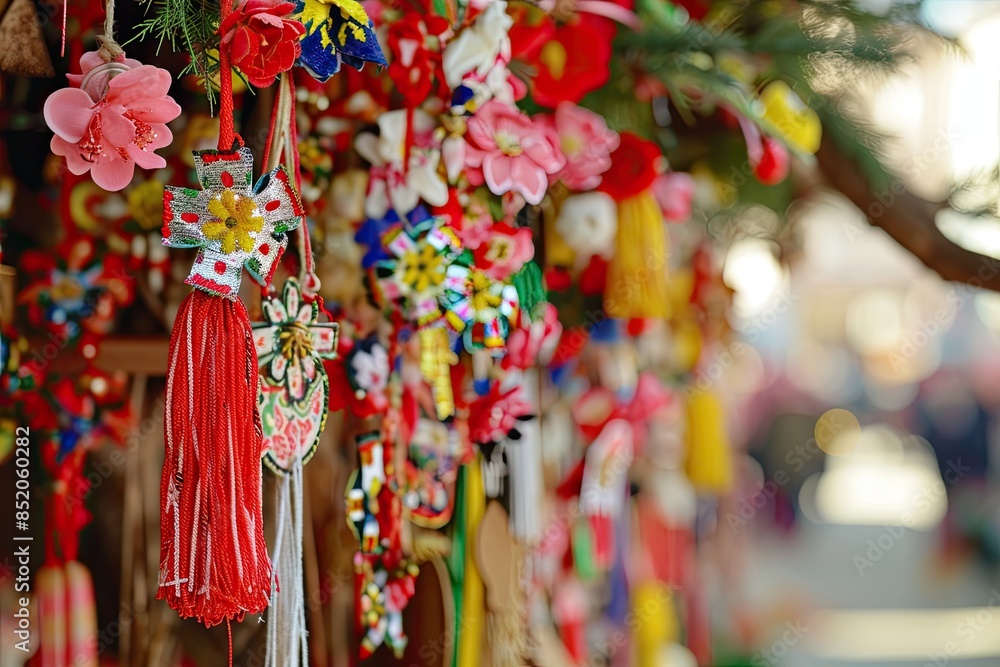 Naklejka premium a bunch of red tassels hanging from a wall, Martisor traditions: Explore the cultural significance of this Romanian celebration