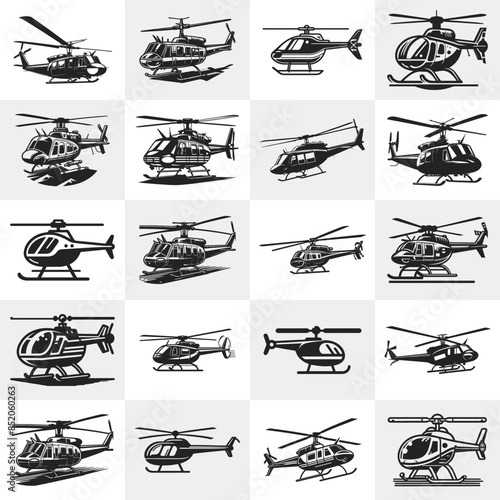 Military helicopter illustration on white background. helicopter front view vector design. Black silhouette military helicopter vector illustration.