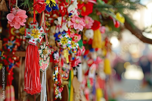 a bunch of red tassels hanging from a wall, Martisor traditions: Explore the cultural significance of this Romanian celebration photo