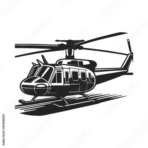Military helicopter illustration on white background. helicopter front view vector design. Black silhouette military helicopter vector illustration.