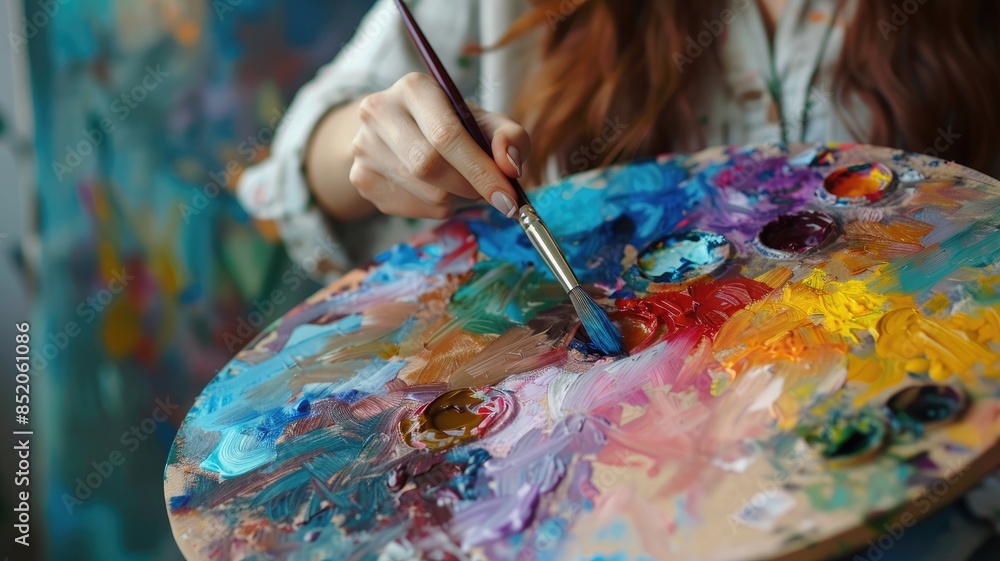 Obraz premium Female artist painting with vibrant colors on palette Focus brush and hand