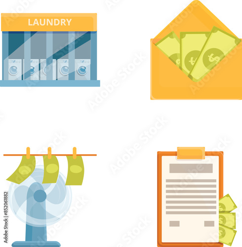 Financial machination icons set cartoon vector. Money laundering process. Dirty money, corruption, fraud
