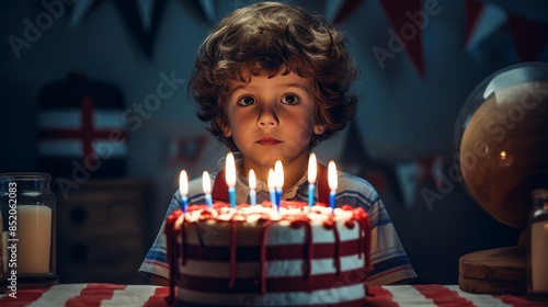 Young boy with curly hair staring at a birthday cake with lit candles, festive background, evening celebration.