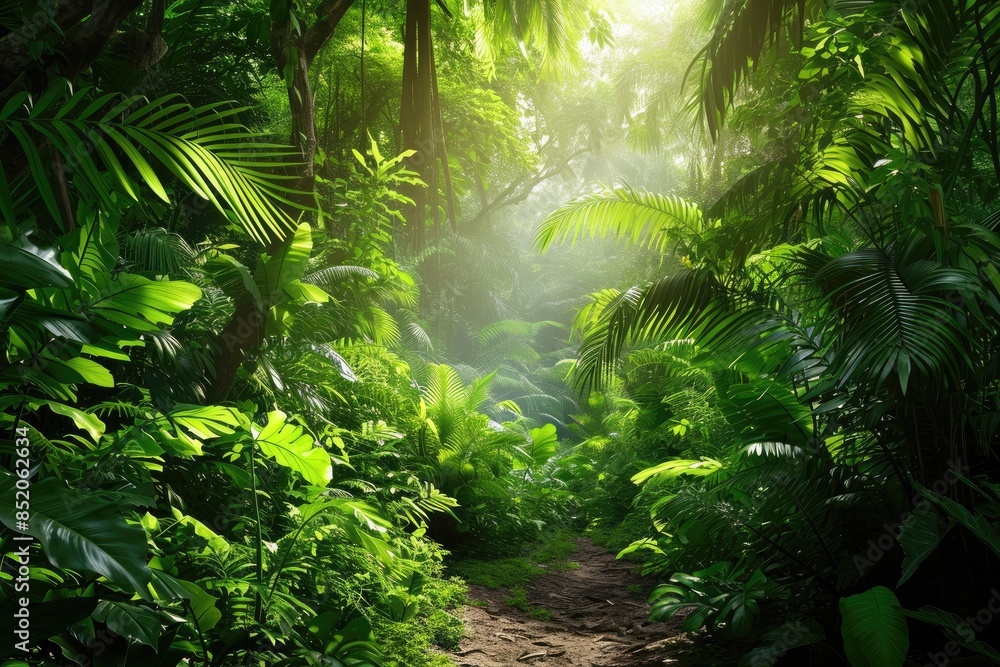 a jungle scene with a rain shower curtain, A lifelike 3D rendering of a lush tropical rainforest a jungle scene with a rain shower curtain, A lifelike 3D rendering of a lush tropical rainforest