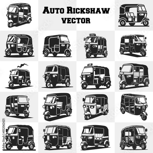 Auto rickshaw bundle vector illustrations. Rickshaw set flat vector style