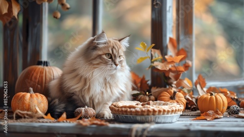 White Cat With Blue Eyes Posing Near Pumpkins and Pie During Autumn