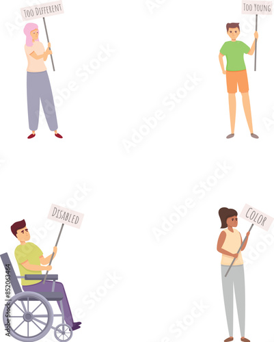 No discrimination icons set cartoon vector. People stand against discrimination. Equal rights