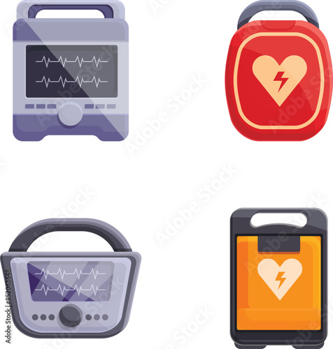 Defibrillator machine icons set cartoon vector. Automated external defibrillator. Cardiology, medical equipment