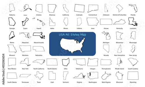 Detailed vector map of all USA states including Alaska, Hawaii, and territories with labeled state names, perfect for educational and illustrative purposes