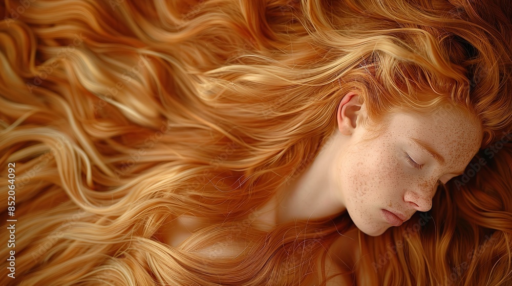 A woman with long, red hair lays face down on a surface, her eyes closed in sleep A woman with long, red hair lays face down on a surface, her eyes closed in sleep