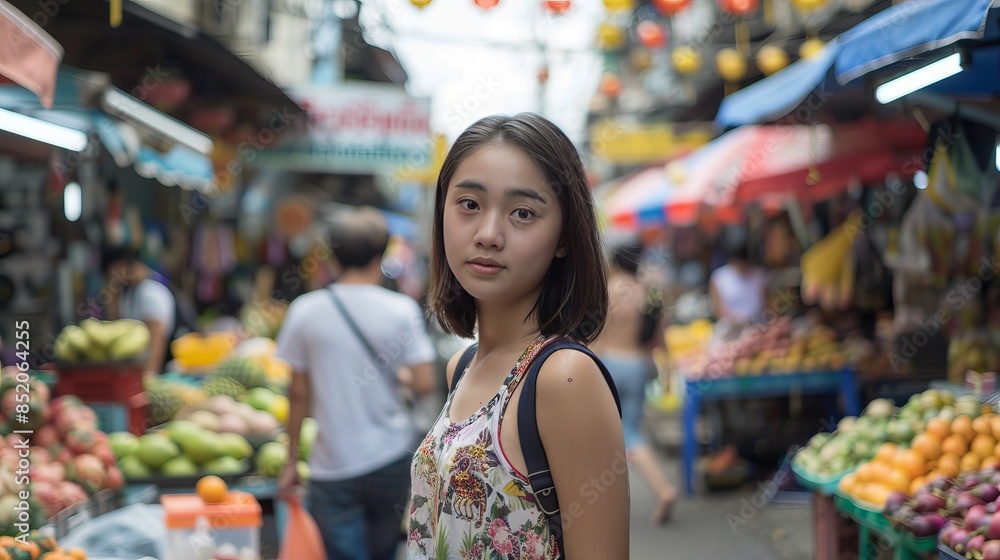 A young Asian traveler walks in an outdoor market in Bangkok, Thailand. A young Asian traveler walks in an outdoor market in Bangkok, Thailand.