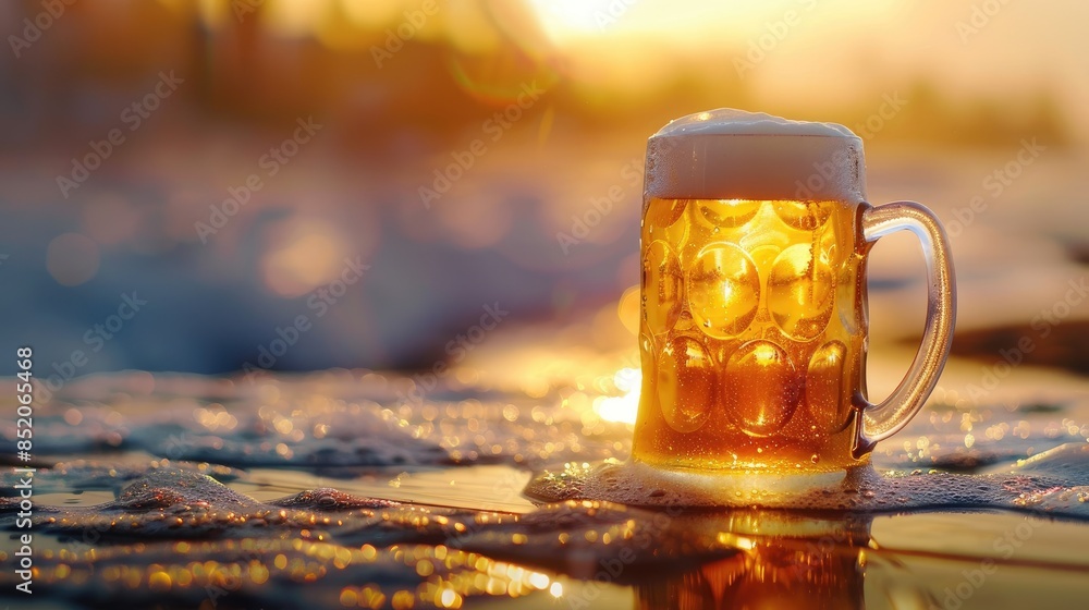 As the sun sets casting a warm glow over the pub a frosty glass mug of light beer sits proudly on the table celebrating International Beer Day As the sun sets casting a warm glow over the pub a frosty glass mug of light beer sits proudly on the table celebrating International Beer Day