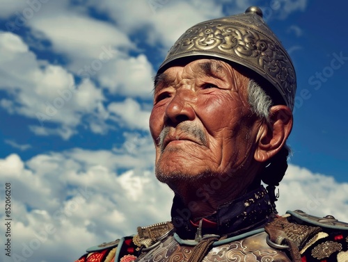 ultrarealistic photograph of a Kyrgyz warrior from the Middle Ages, waist-high photography. This piece has been captured shot on a DSLR with a 70mm lens, high key lighting © Deanmon