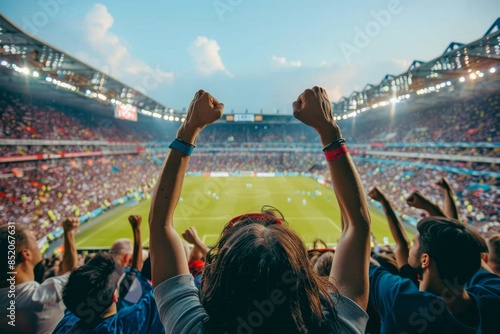 Fans Fist Pump During a Soccer Game at a Stadium Under Cloudy Skies
