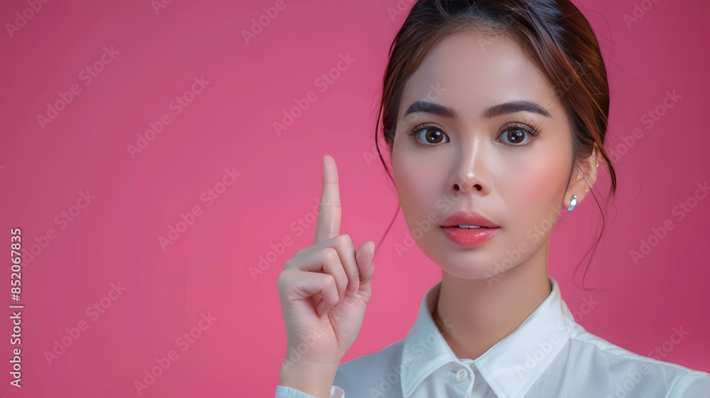 Confident asian woman pointing up on pink background portrait of elegance and beauty Confident asian woman pointing up on pink background portrait of elegance and beauty