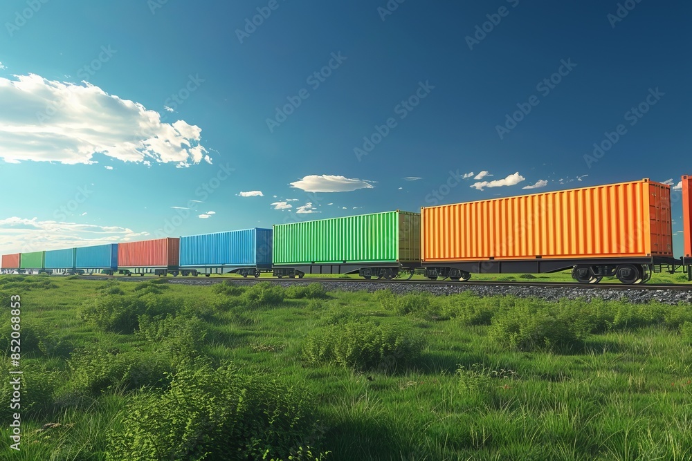 Fototapeta premium A colorful freight train in the countryside. Bright shipping containers on railway track. Ideal for transport, logistics visuals, and nature themes. Vivid colors, high contrast photo. Generative AI