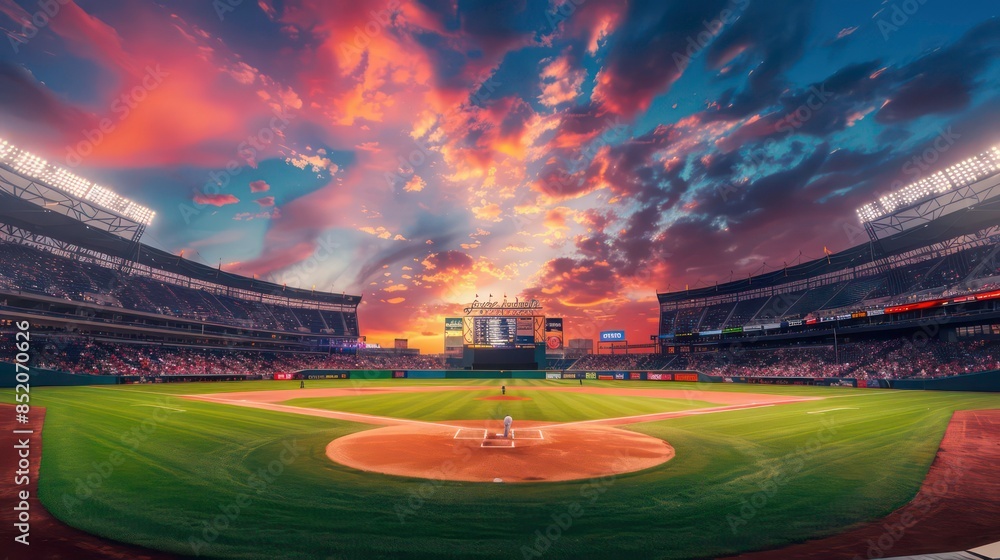 Panoramic view of a stadium with a baseball field and vibrant sky at sunset. Generative AI