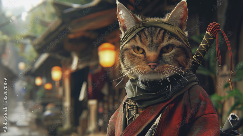 a cat ninja disguised as a commoner, blending into a lantern-lit village street during a quiet day, detailed and atmospheric a cat ninja disguised as a commoner, blending into a lantern-lit village street during a quiet day, detailed and atmospheric