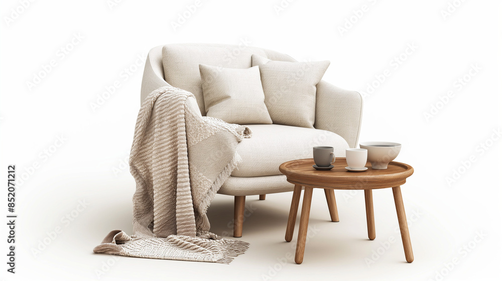 Fototapeta premium An isolated image of a cozy armchair and coffee table on a white background