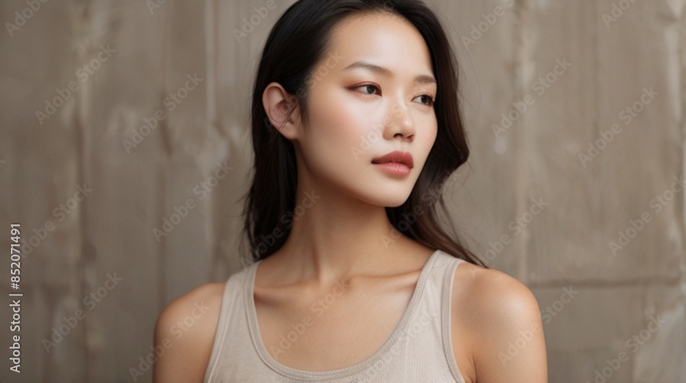 Close up portrait of beautiful Asian young woman in 20s with perfect glowy skin Close up portrait of beautiful Asian young woman in 20s with perfect glowy skin