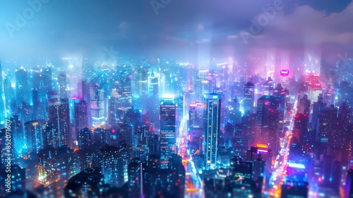 Wallpaper Mural Neon Splendor Over Urban Nights cape. A bustling urban skyline under a magical overlay of colorful, blurred neon lights, creating a dreamlike atmosphere. Torontodigital.ca