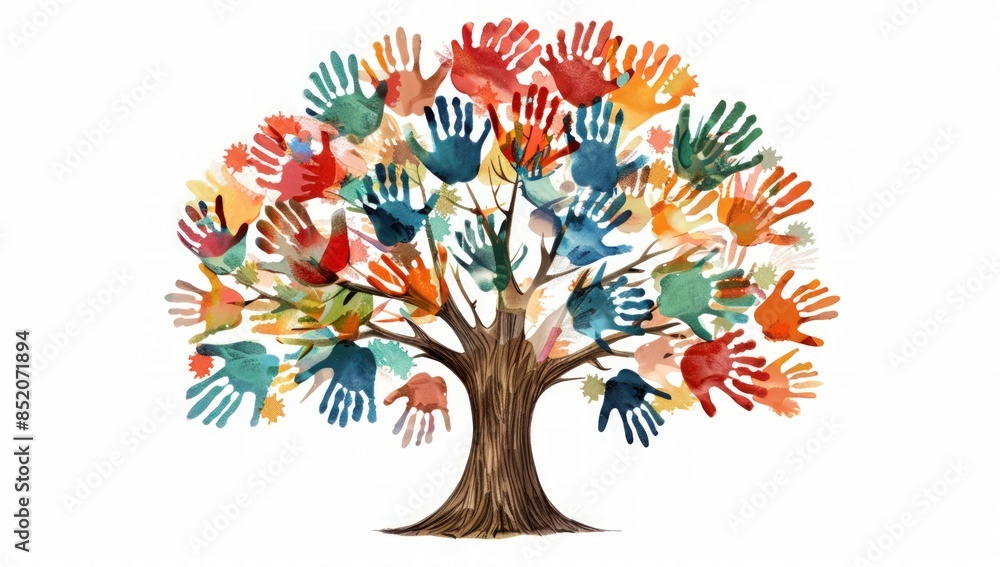 Naklejka premium A tree with many hands painted on it. The tree is colorful and has many different colored hands