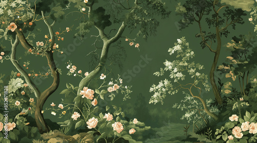 Charming green chinoiserie design with forest scenes, blooming flowers, and detailed foliage, vintage elegance, intricate and refined motifs