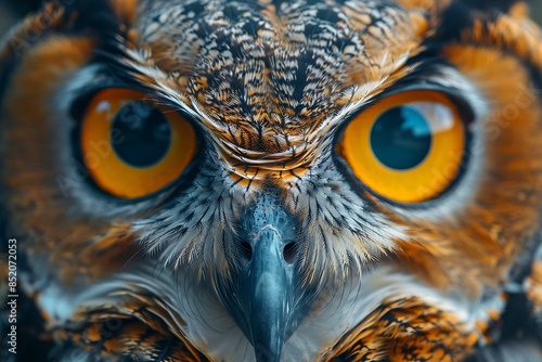 Big yellow eyes of a owl close-up. Great owl eyes looking at camera. Strigiformes nocturnal birds of prey, binocular vision photo