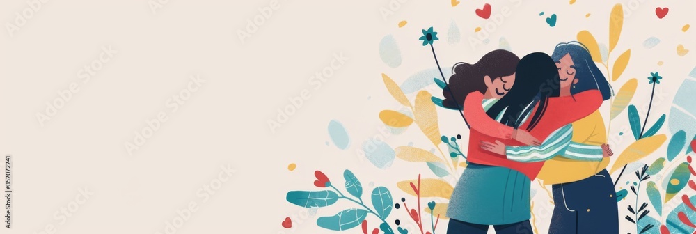 Happy international friendship day greeting card. Friends hugging. Horizontal banner, free space for text