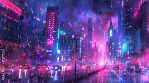 Wallpaper Mural Cyberpunk Cityscape in Pink and Blue. A a futuristic cityscape under a neon rain, bathed in vivid pink and blue lights. Torontodigital.ca