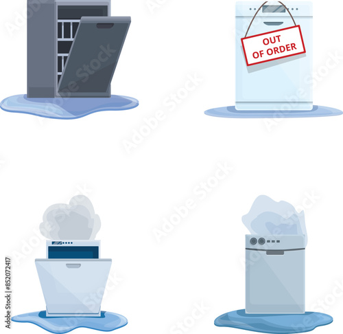 Kitchen equipment icons set cartoon vector. Broken household dishwasher. Repair maintenance