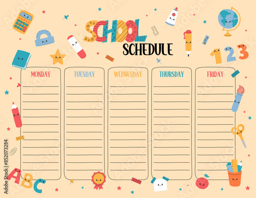 Colorful school schedule vector printable template. US Letter size worksheet. Funny weekly class timetable, lesson planner for elementary school students, kids daily chart. Monday to Friday