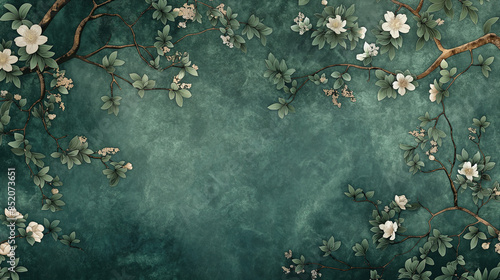Elegant green chinoiserie design with winding vines and blooming flowers, forest theme, vintage aesthetic, intricate and sophisticated floral patterns