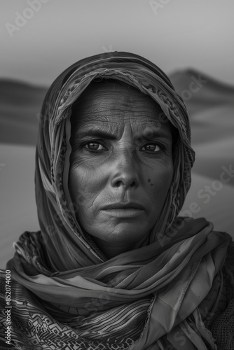 a monochromatic portrait of a nomadic tribeswoman, her face deeply lined with age, set against the stark backdrop of the desert, intimate and expressive