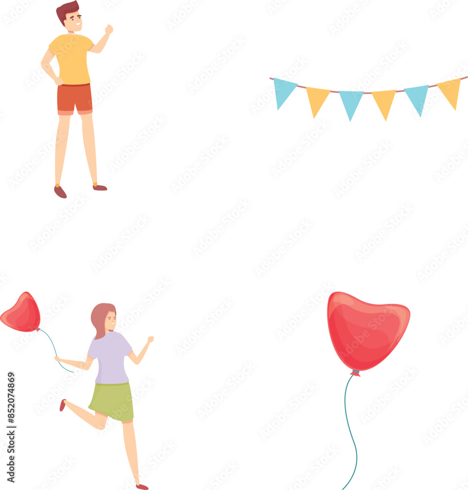 Party icons set cartoon vector. Man and woman at birthday party. Holiday, event Party icons set cartoon vector. Man and woman at birthday party. Holiday, event
