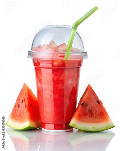 Refreshing Watermelon Slush served in a plastic cup with a straw and fresh melon slices photo