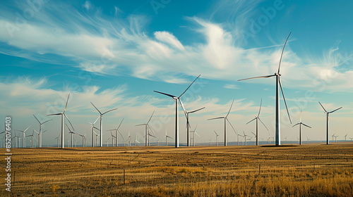 A vast field filled with rows of towering wind turbines, their blades spinning gracefully in the breeze, harnessing the power of wind energy. Renewable energy sources