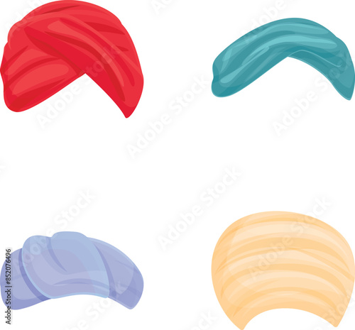 Traditional turban icons set cartoon vector. Indian and arabic hat. Oriental culture, ethnic clothes